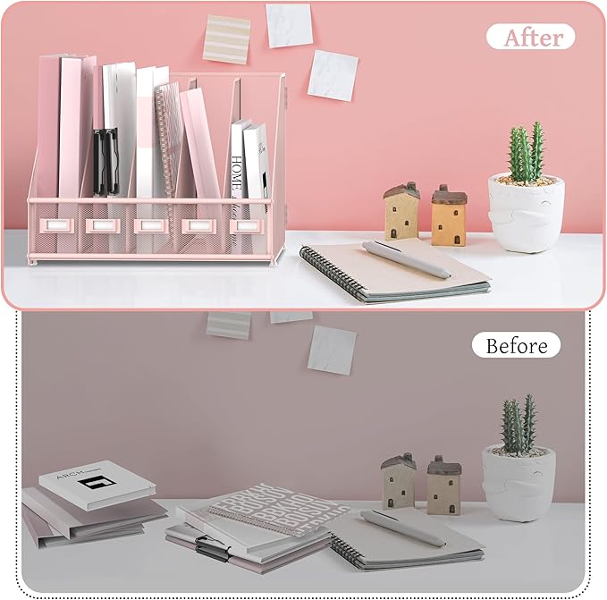 SUPEASY Desk Organizers Metal Desk Magazine File Holder with 5 Vertical Compartments Rack File Organizer for Office Desktop, Home Workspace, Pink