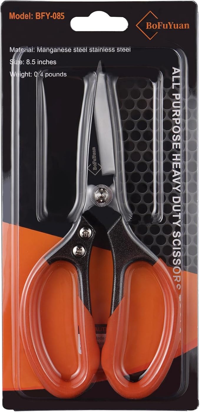 Heavy Duty All Purpose Scissors, Stainless Steel Blades, Black Orange Comfort Grip Handle, 8.5 Inch Professional Multipurpose Utility Sharp Shears for Kitchen, Garden, Office, Craft, Sewing