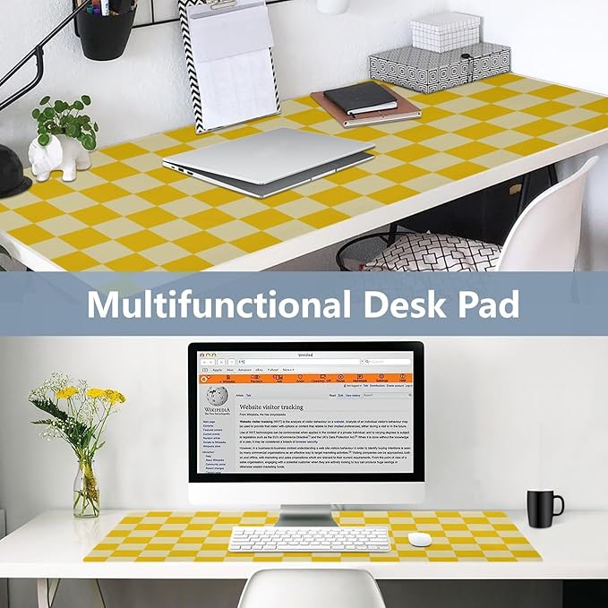 Mouse Pad Desk Mat Leather Desk Pad Large Gaming Desk Cover Protector Mat for Keyboard Computer Laptop Office Waterproof 35.4 x 16.5 Inch Checkered Yellow