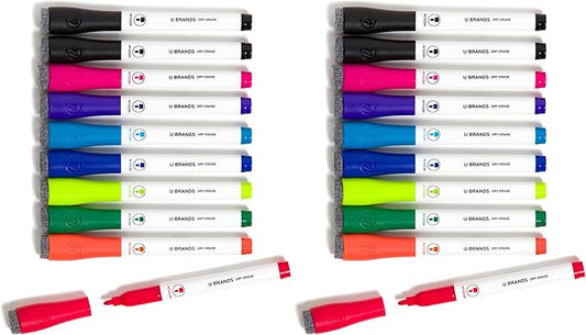 U Brands Low-Odor Dry Erase Markers With Erasers, Set of 10, Assorted Colors, Medium (2mm) Point (Pack of 2)