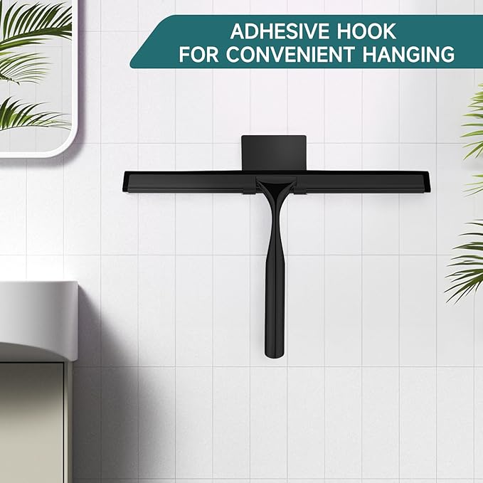 2 Pack All-Purpose Stainless Steel Shower Squeegee with 2 Adhesive Hooks, for Shower Doors, Bathroom, Window, Mirror, Glass, Tile Wall, Car Windshield Cleaning Tool, 10 Inch, (Black)