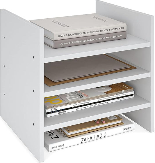 Ballucci 4-Tier Paper Sorter and File Organizer for Desk, Wood Mail Sorter, Fits into IKEA Kalax and ClosetMaid Cube Storage Shelves, Paper Tray, Mail Holder Stand for Classroom, Office, White