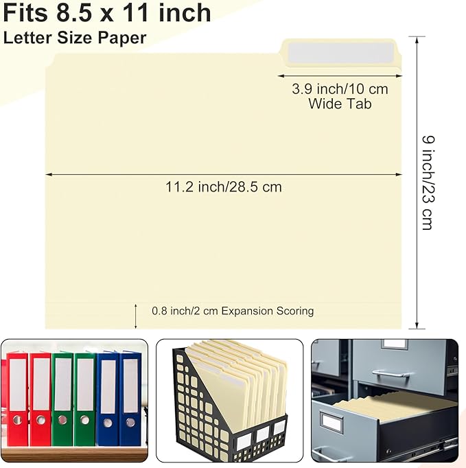 48 Pack Colored Plastic File Folders with Tabs and Sticky Labels Sturdy 1/3 Cut Tab Manila File Folders Letter Size 8. 5 x 11 Inch for Office Home Supplies Organizer Documents(Beige)