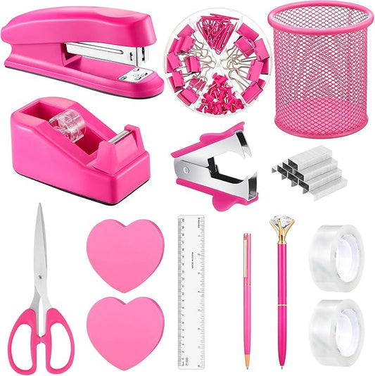 14 in 1 Hot Pink Office Supplies, Hot Pink Desk Accessories for Women with Stapler,Tape Dispenser,1000 Staples,Pen Holder,Staple Remover,Clips,Ruler,Scissors, Sticky Note,Tape,Ballpoint Pen