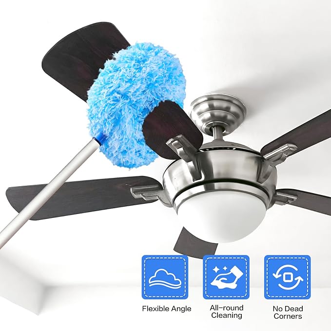 Heonay Ceiling Fan Cleaner Duster Reusable Microfiber Ceiling Fan Blade Cleaner Removable Duster with Extension Pole Adjusts 13 to 49.7 Inch for Cleaning Walls Furniture Door Window Top (Blue White)