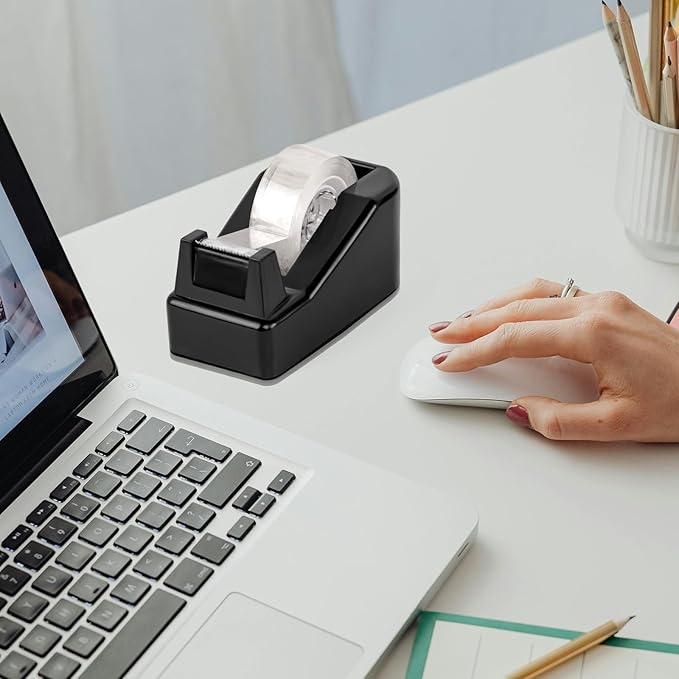 Desktop Tape Dispenser Black with Weighted Nonskid Base - Includes 6 Rolls of Transparent Tape (0.71 Inch x 1000 inches Each)