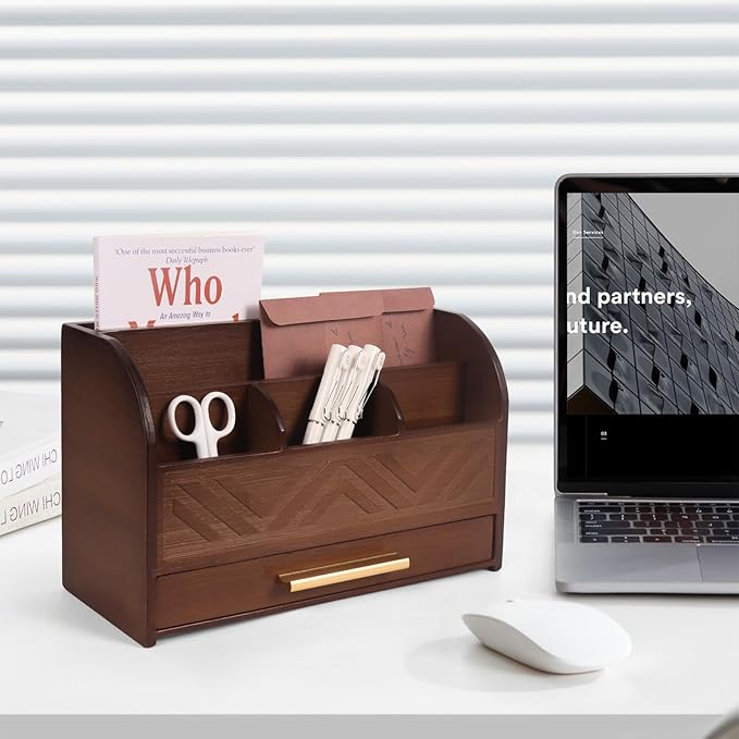 Mail Organizer Countertop Kitchen-Brown Mail Holder Countertop Drawers Wood Desk Drawer Tabletop Storage Organization Pen Holder Letter Sorter Makeup Organizer for School Home Office Supplies