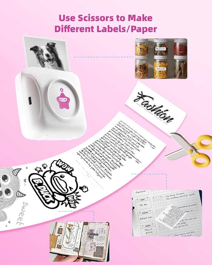 vretti Sticker Printer - TP2-Y Mini Portable Thermal Printer with 10 Rolls Thermal Paper, Inkless Sticker Machine Bluetooth Pocket Printer for iPhone, Study Notes, Pictures, Journal, DIY, Kids Gift