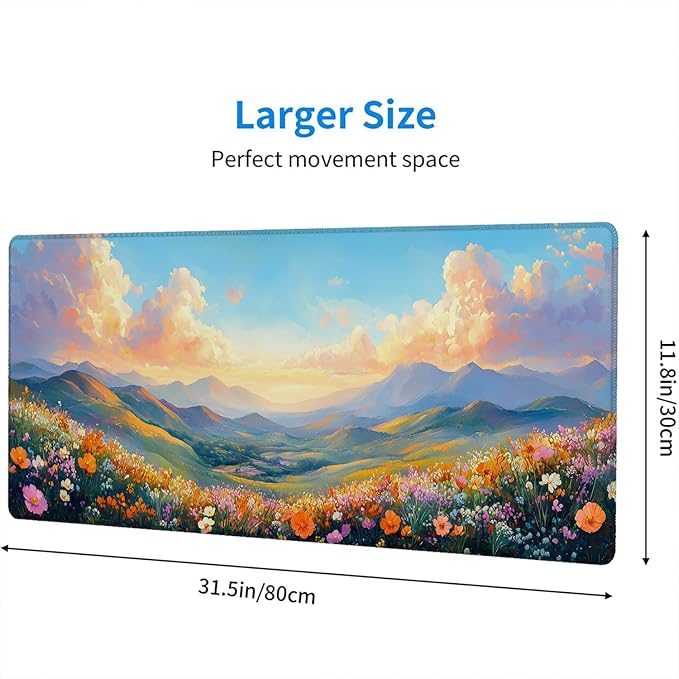 Flowers Desk Pad Mouse Pad Watercolor Dream Landscape Field Hills Gaming Mouse Mat with Stitched Edges,Non-Slip Waterproof Rubber Base Mouse Mat Office Computer Keyboard Laptop Home 31.5"x11.8"
