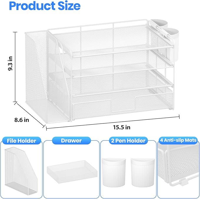 Desk Organizer and Accessories, 4-Tier Desktop File Organizer with Drawer and 2 Pen Holders, Office Desk Accessories for Office Supplies(White)
