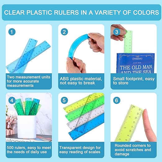 100 Pack 6 Inch Mini Rulers Bulk Plastic Small Rulers with Inches and Centimeters, Drafting Measuring Tool Set for School Classrooms, Studios, Drafting Tools & Kits(Yellow, Green, Blue, Clear)