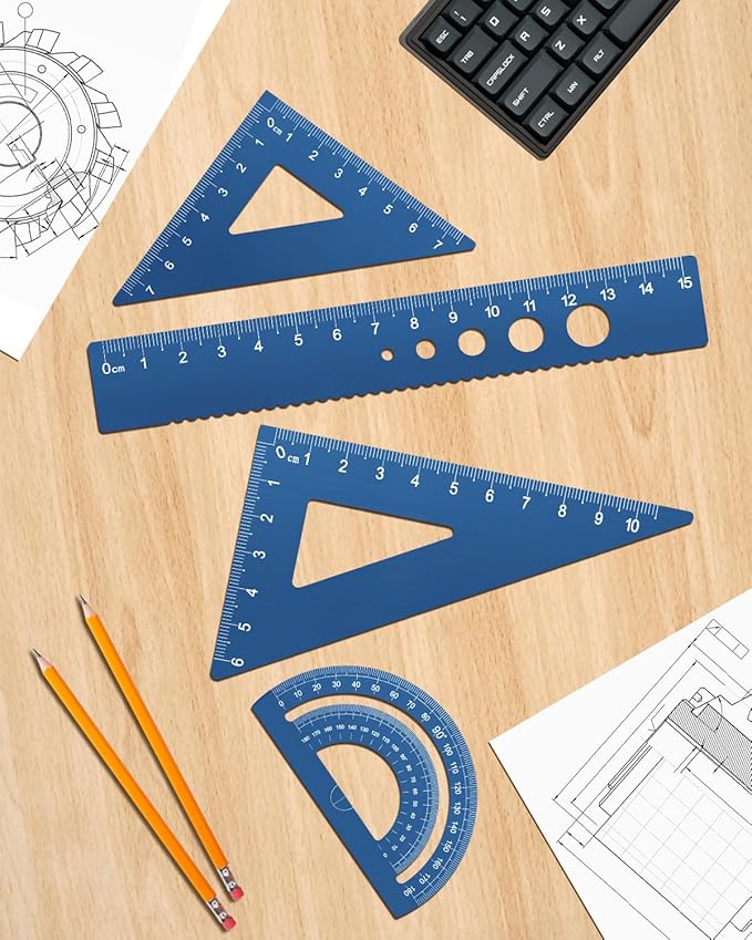 Honagu Triangular Ruler Set, 4 Pieces Aluminum Alloy Ruler, Metal Drafting Ruler, Geometric Protractor for Students, Draftsmen, Engineers, School Office Supplies (Blue)