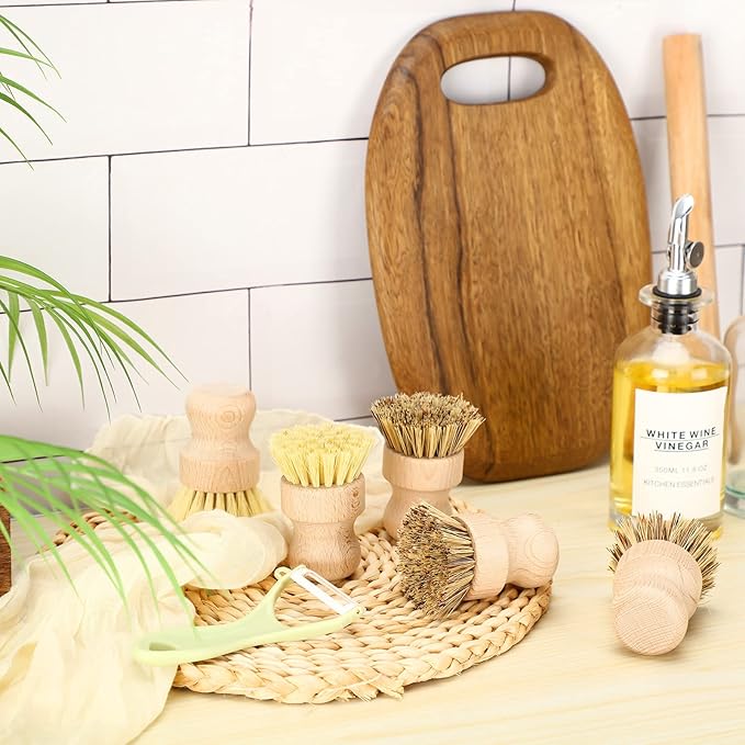 12 Pcs Bamboo Dish Brush, Wooden Scrubber Sisal Bristle Kitchen Wood Brushes for Cleaning Mini Dish Scrubber for Food Pan Pot Sink Fruit and Vegetable Wash
