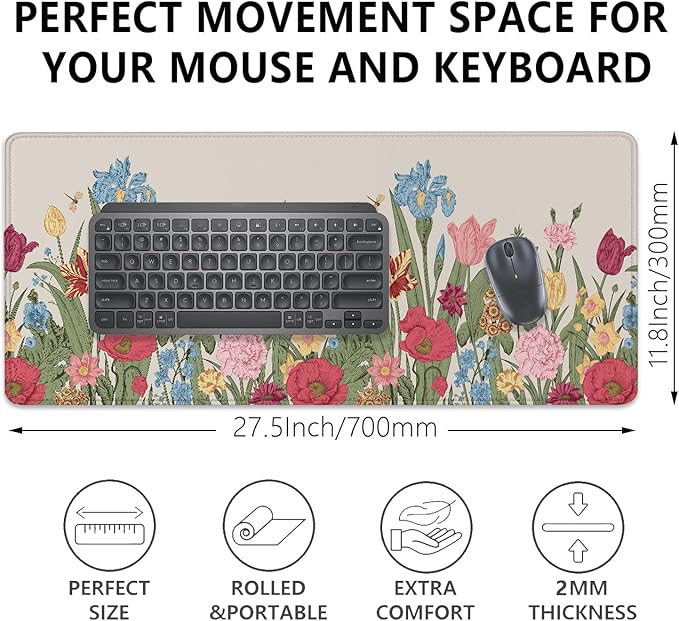 Spring Flowers Desk Pad Mouse Pad,Large Gaming Colorful Floral Mouse Mat with Stitched Edges,Non-Slip Waterproof Rubber Base Mousepad for Office Work Home Desk Mat(27.5X11.8 in)