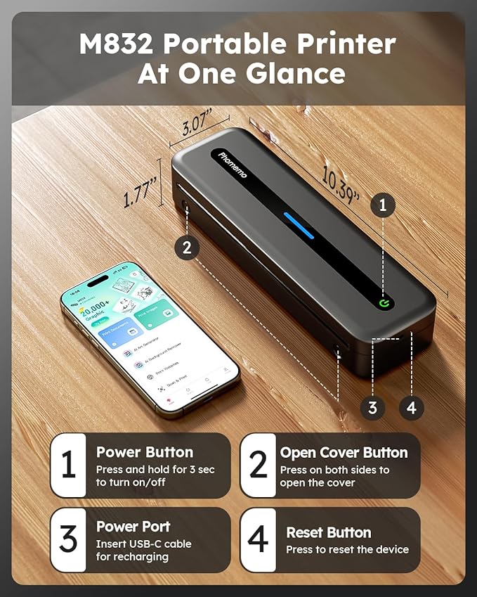 Phomemo Portable Printers Wireless for Travel, Inkless Portable Thermal Printer for Phone Laptop, Support 8.5'' x 11'' US Letter and A4 Szie, Bluetooth Mobile Printers for Vehicle Office Home Use