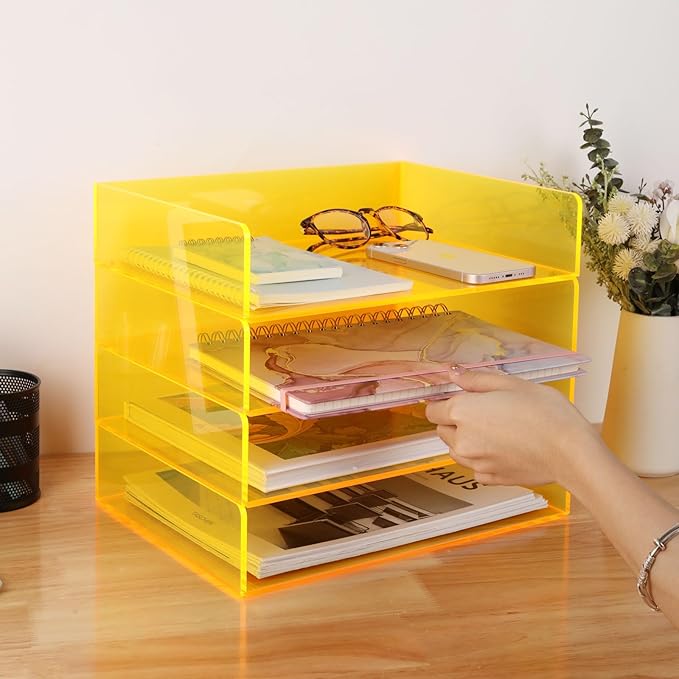 Acrylic File Organizer for Desk 4 Tiered Stackable Letter Tray Office Paper Storage Desktop Document Sorter, Neon Yellow