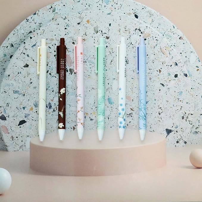 PapaBear Stylish Beautiful Scenery Printed Gel Pen, Retractable Ballpoint Pen, 0.5mm, Black Ink, Elegant and Classy Pen, 6-Pack