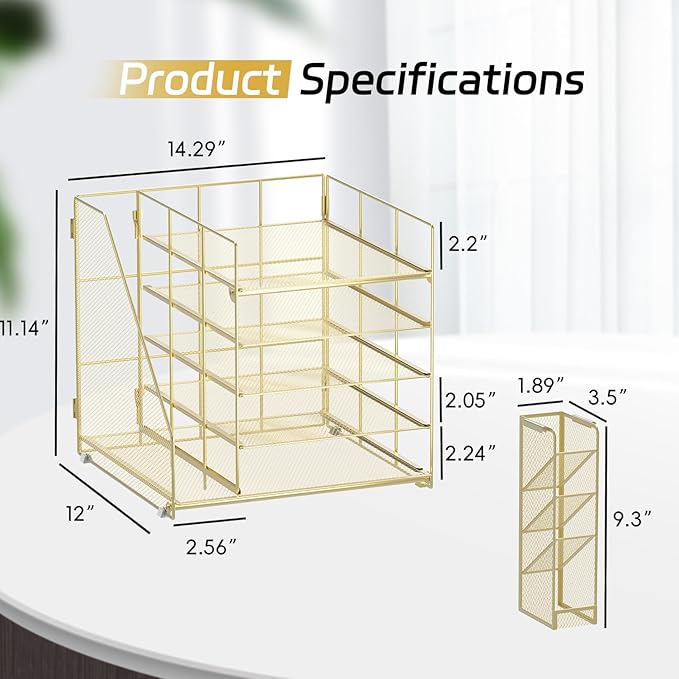 Desk Organizer with Magazine Holder, 5-Tier Paper Organizer for Desk with Pen Holder, Paper Letter Tray for Home, Office or School Supplies, Gold
