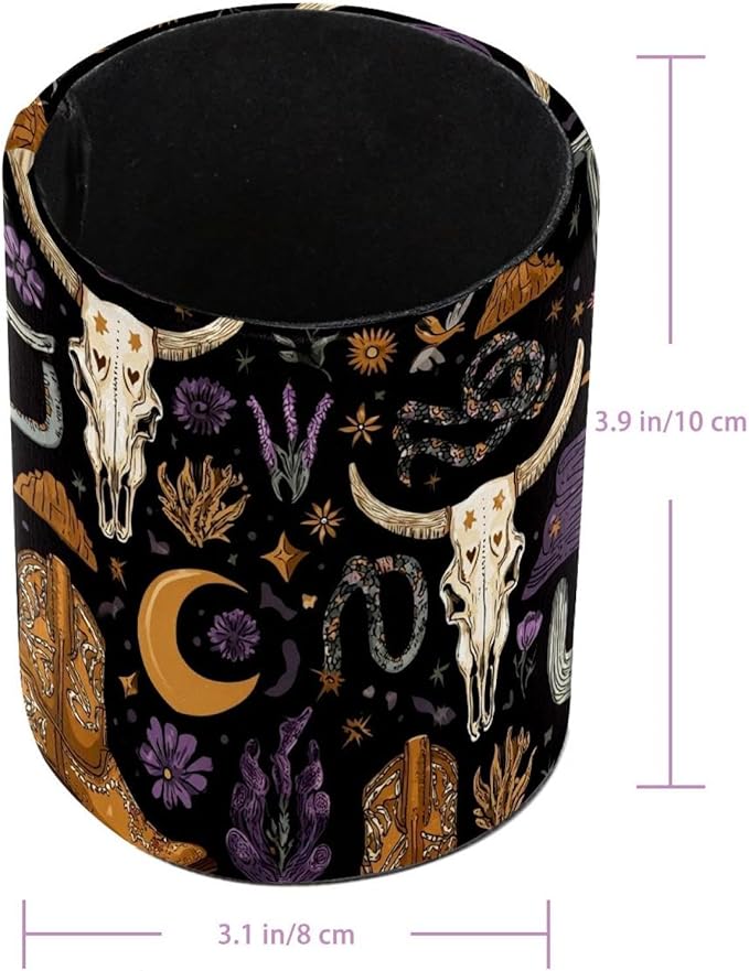 Western Boho Style Bull Skulls Pattern Circular Pen Holder, Pen Cup Makeup Brush Holder, Design for School, Home and Stationary Supplies (3.9 x 3.1 Inches)
