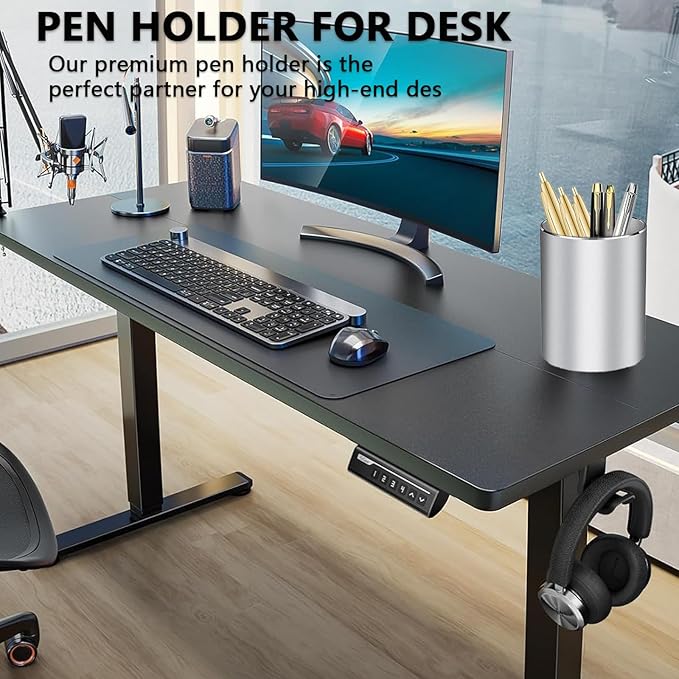 Pen Holder for Desk,Metal Aluminum Pencil Holder， for Pen Organizer for Desk, School, Home and Stationary Supplies, Advanced sense Pen Holder Non-Slip Silicone Bottom Round Silver Pencil Cup (Silver)