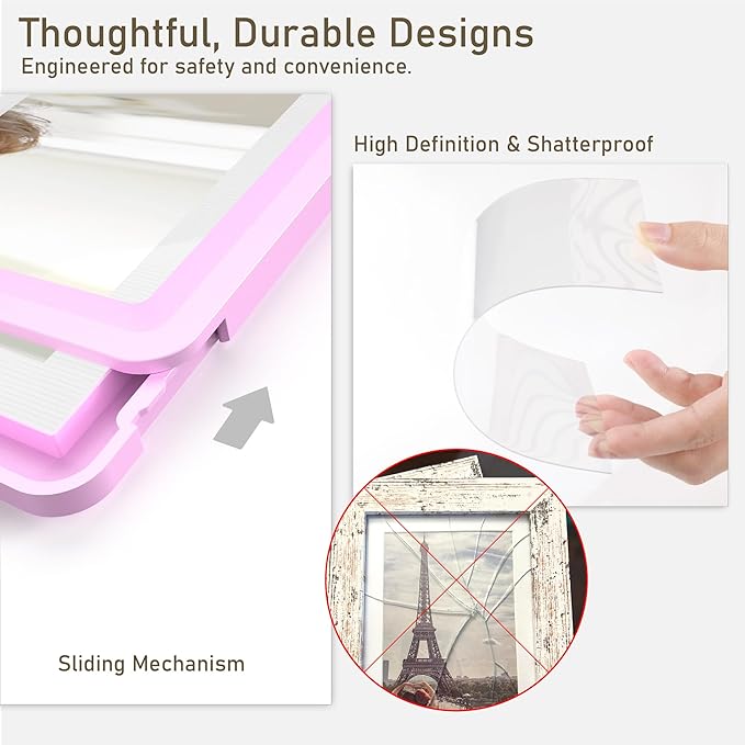 1-Pack 5x7 Picture Frame or 4x6 with Mat – Shatterproof Plastic Picture Frames for Family, Nursery & Playroom, Wall & Tabletop Frame for Home or Office, Safe Lightweight Design, Dreamy Pink