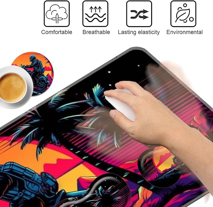 Keyboard Mouse Pad Set,Large Mouse Pad+Keyboard Wrist Rest+Wrist Support+Coaster,31.5x11.8in Extended Desk Mat for Computer Laptop Office Home-Vintage Motorcycle Boy