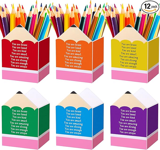 Sherr 12 Pcs Pencil Shaped Pen Holders, Acrylic Pencil Organizer Cups, Cute Creative Stationery Storage, Appreciation Gifts for Teacher Student School Classroom Office Home Desktop Supplies (Positive)