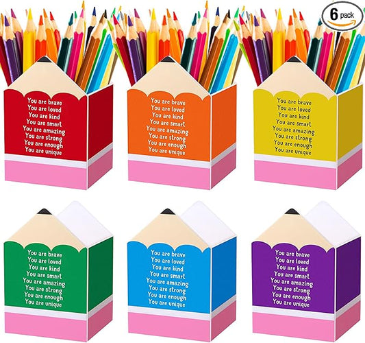Sherr 6 Pcs Pencil Shaped Pen Holders, Acrylic Pencil Organizer Cups, Cute Creative Stationery Storage, Appreciation Gifts for Teacher Student School Classroom Office Home Desktop Supplies (Positive)
