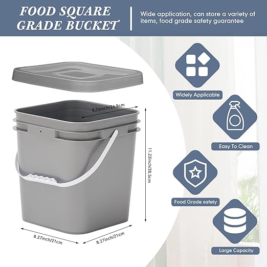 Mumufy 10 Pcs 3.5 Gallon Square Food Grade Bucket with Lid Plastic Pail with Handle and Lid Square Buckets for Storing Dry Food Charcoal Camping Fishing(Grey)