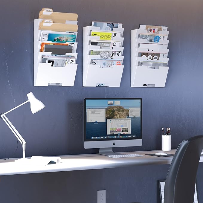 Wallniture Lisbon 15-Tier Wall Mounted File Holder and Desk Organizer, Metal White Office Organization and Storage Rack