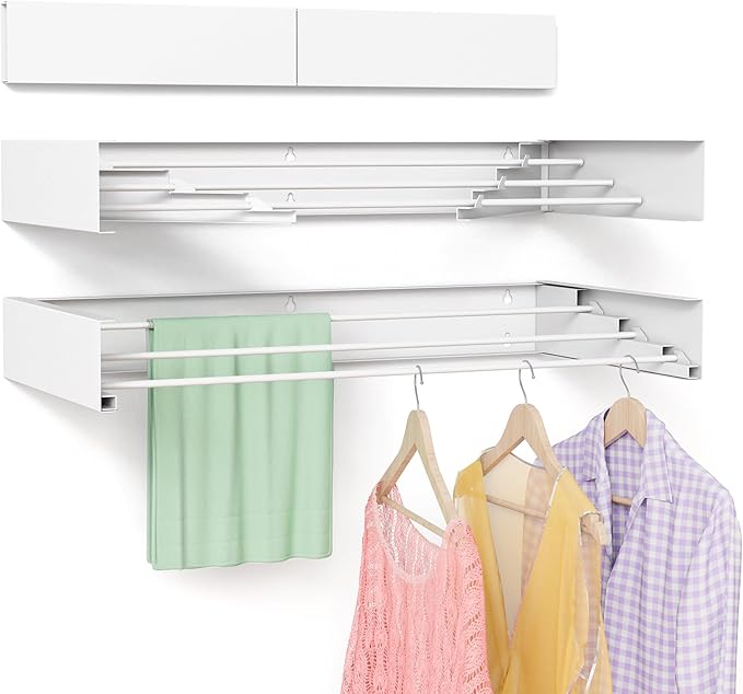 Wall Mounted Drying Rack for Laundry 19.8'', Folding Drying Rack Clothing Wall Mount with 3 Rods, Space Saving for Indoor Outdoor Bathroom Balcony (White, 19.8'')