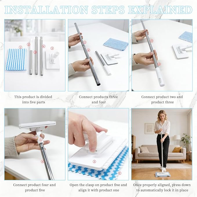 Snap Grip Mini Mop,Gap Cleaner with No-Touch Pad Change, Extendable Retractable Flat Mop for Under Couch/Bed, 360° Swivel Head Hard to Reach Corner Duster, Includes 5 Washable Microfiber Pads