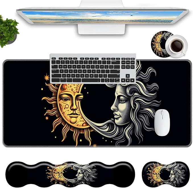 Keyboard Mouse Pad Set,Large Mouse Pad+Keyboard Wrist Rest+Wrist Support+Coaster,31.5x11.8in Extended Desk Mat for Computer Laptop Office Home-Sun Moon