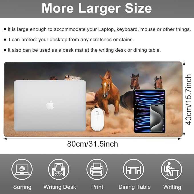 Mouse Pad, Large Running Horse Herd Desk Mat, Extended Non-Slip Gaming Keyboard Mousepad Desk Pad, Thick Stitched Edges Waterproof Mouse Mat 31.5"x15.7" (Horse Herd in Desert Sand Storm)