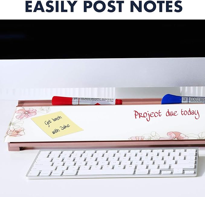 Quartet Glass Dry Erase White Board, Desktop Computer Pad for Notetaking, 18" x 6" Whiteboard, Clean Erase Surface with Storage, 1 Dry Erase Marker, Floral Pattern (GDP186P)