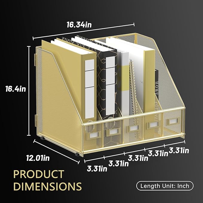 DALTACK Desk Organizers Metal Magazine File Holder with 5 Vertical Compartments Folder Storage Binder Organizer for Office Home School Organization, Gold Plus