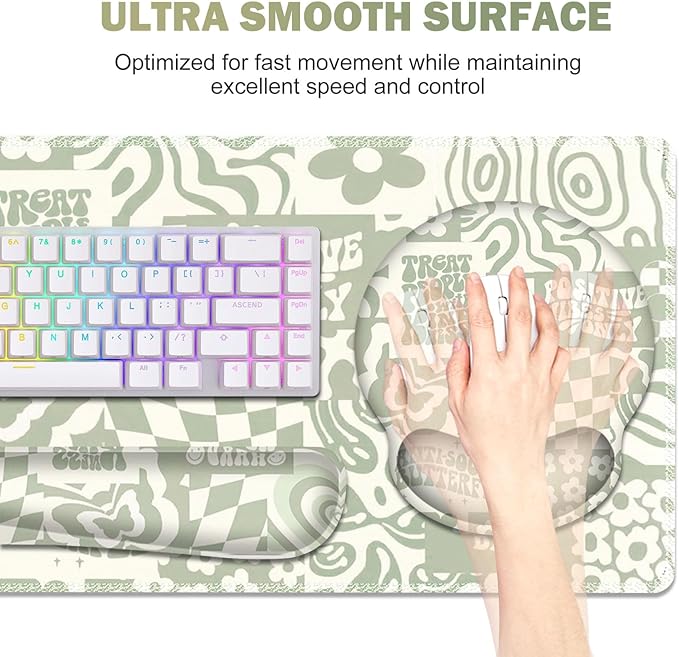 Large Desk Mat, Beige Gaming Mouse Pad, Desk Pad Protector, XXL Mousepad + Keyboard Wrist Rest+Mouse Wrist Rest+Coaster Set with Ergonomic Desk Pad for Home Office PC Computer, Retro Boho Aesthetic