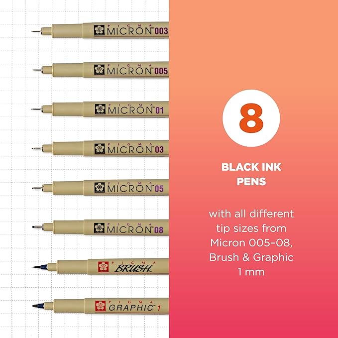 SAKURA Pigma Micron Fineliner Pens - Archival Black Ink Pens - for Writing or Drawing for Artists, Crafters & DIY Gifts Projects - Assorted Point Sizes - 8 Count