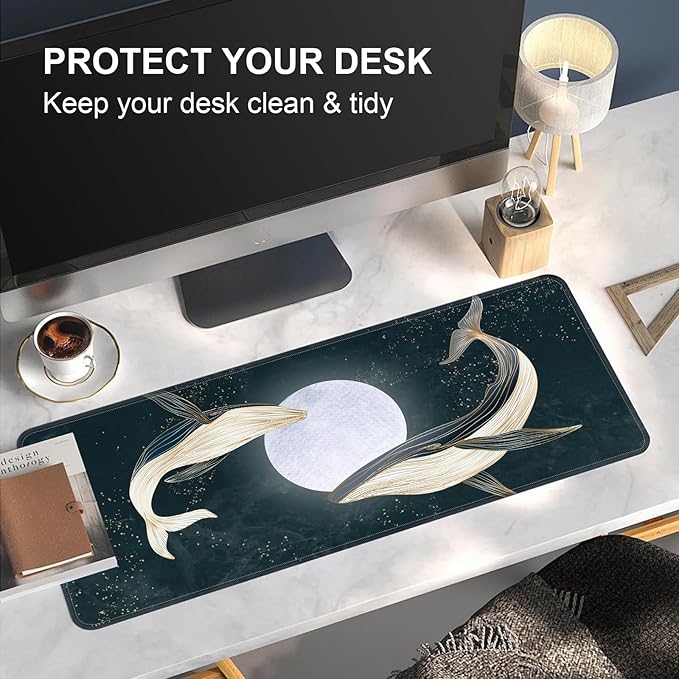 Large Desk Mat, Desk Matt for Desktop, Computer Gaming Mouse Pads, Anti-Slip Rubber Base, Stitched Edges Soft Mat for Desktop Office Home 31.5 x 11.8 Inches (Dreamy Whale)