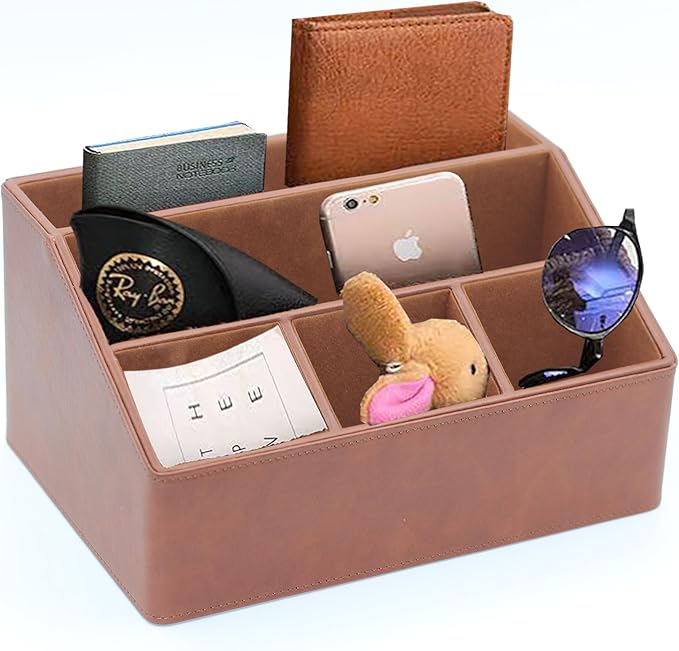 Desk Organizer, Mail Organizer Countertop, Bills Organizer, Mail Sorters, Magazine Holder, Desk Organizer and Accessories for Office Supplies, Brown Leather