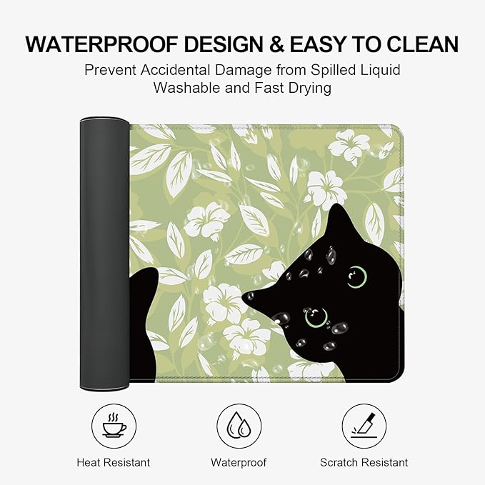 Large Desk Mat, Desk Matt for Desktop, Computer Gaming Mouse Pads, Anti-Slip Rubber Base, Stitched Edges Soft Mat for Desktop Office Home 31.5 x 11.8 Inches (Cute Green Leaf Cat)