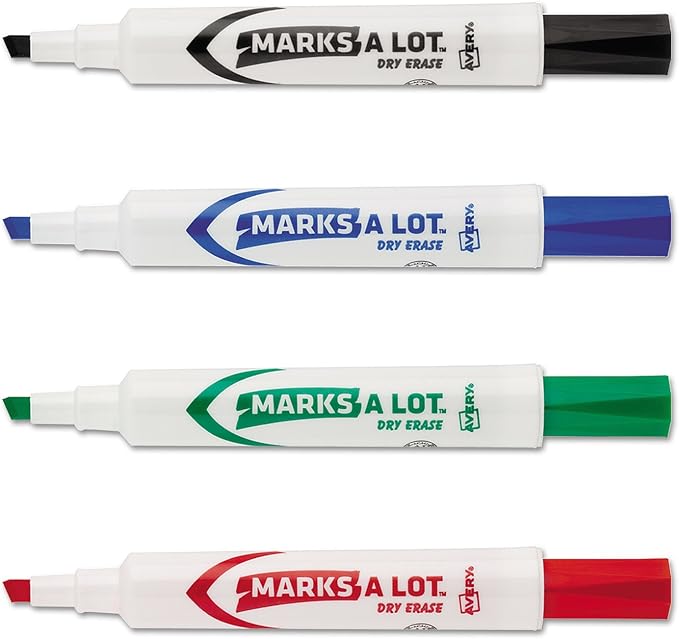 Avery 24409 Marks-A-Lot Desk-Style Dry Erase Marker, Chisel Tip, Assorted, 4/Set
