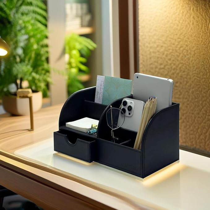 UnionBasic Desk Organizer - Multifunctional Leather Desktop Pen Holder Storage Box - Business Card/Pen/Pencil/Mobile Phone/Stationery Holder, Black