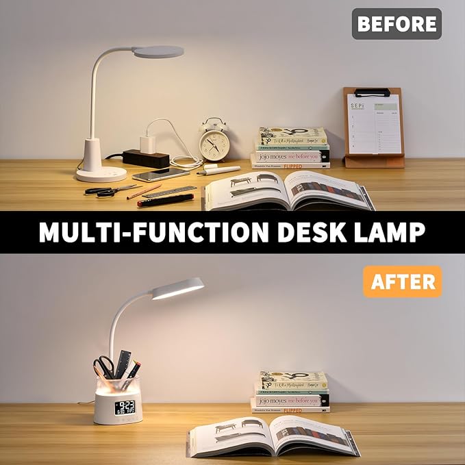 Led Desk Lamp with Pen Holder, Touch Lamps for Nightstand with 3 Color Modes, Eye-Caring Bedside Reading Light with Clock, Office Lamps Stepless Dimming, Lamp for Dorm Room, Suitable for Kid/Girl/Boy