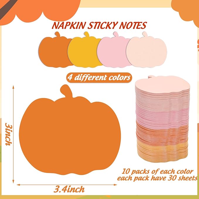 1200Pcs Fall Pumpkin Sticky Notes 3 x 3.4 Inch Pink Orange Self Adhesive Notepads Cute Memo Pads for Autumn Thanksgiving Halloween School Home Office Supplies