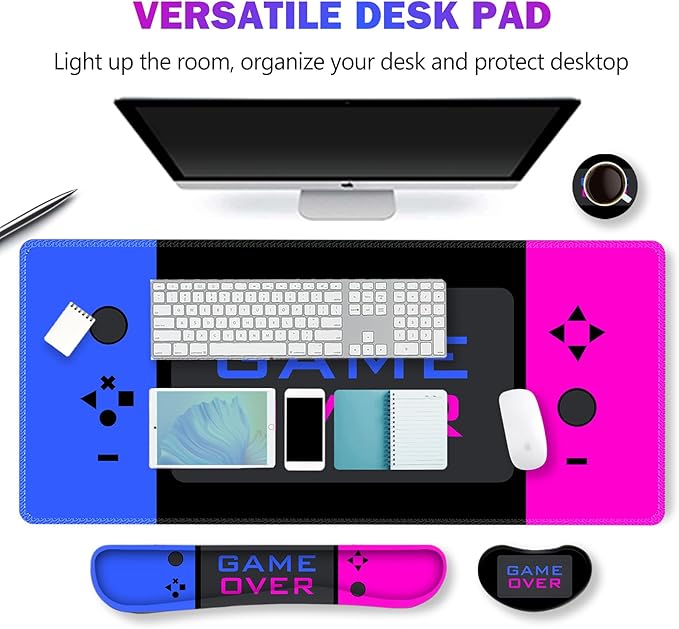 ARTSO Large Gaming Mouse Pad, Keyboard Wrist Rest Pad & Wrist Support Mousepad Set, Stitched Edge, Extended, Non-Slip Base, Memory Foam Desk Mat Office, Home, Blue Purple Game Console