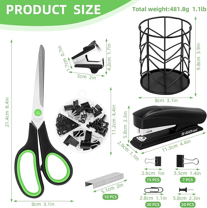 Scissors，Office Supplies Kit, Desk Accessories Set, Products Include Scissors, Stapler, Staples, Staple Remover，Pen Holder, Paper Clips, Push Pins, Binder Clips