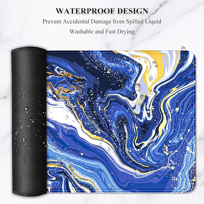 Auhoahsil Large Gaming Mouse Pad, Marble Theme XXL 35.4 x 15.7 in Desk Pad Stitched Non-Slip Rubber Long Computer Mousepad Thin Extended Full Size Desk Mat for Desktop Laptop Wireless Mice, Blue