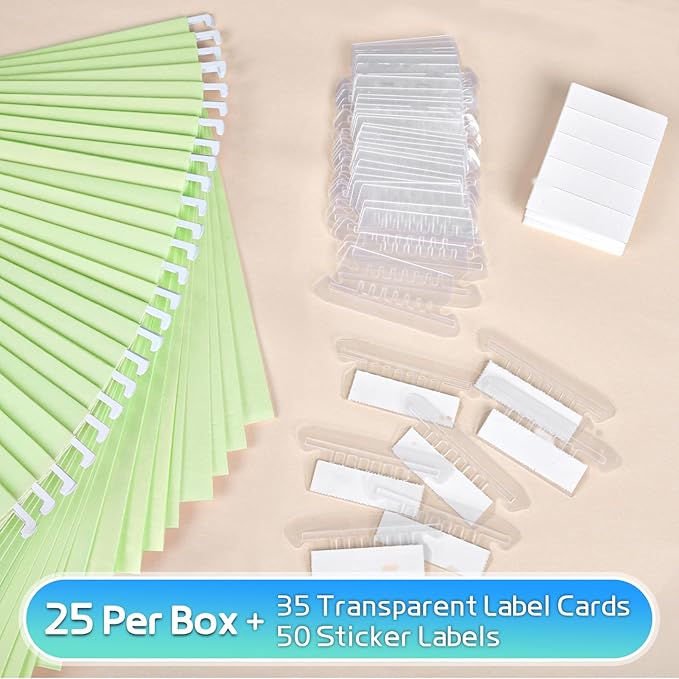 25-Pack Green Hanging File Folders, Letter Size (8.5" x 11") with 1/5-Cut Tabs,Includes 35 Transparent Label Cards & 50 Sticker Labels for Home & Office Organization