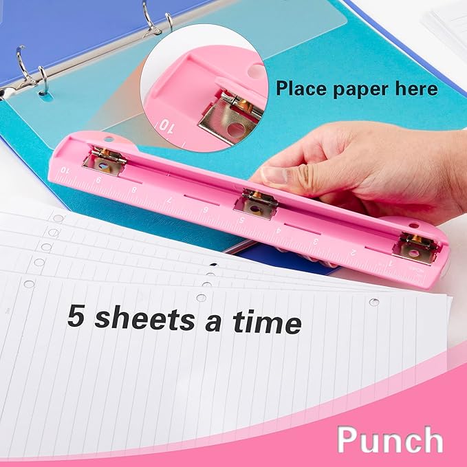 WORKLION 3 Ring Hole Puncher for Binders,Pink,with 10" Ruler, Plus Paper-chip Tray Design,Paper line up Guide,5 Sheets Capacity…
